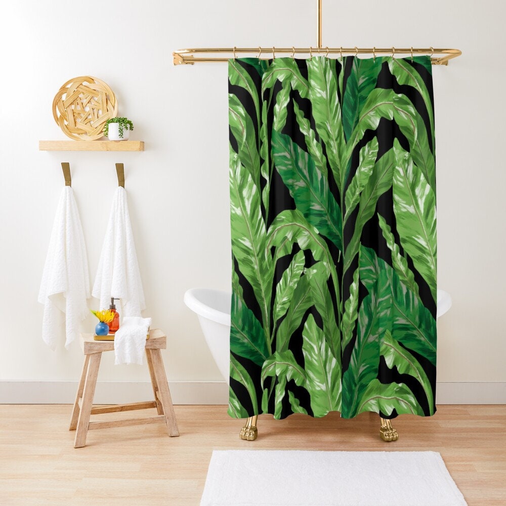 Black Tropical Leaves Botanical Shower Curtain - Greenery Bathroom Decor