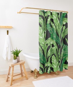 Black Tropical Leaves Botanical Shower Curtain - Greenery Bathroom Decor