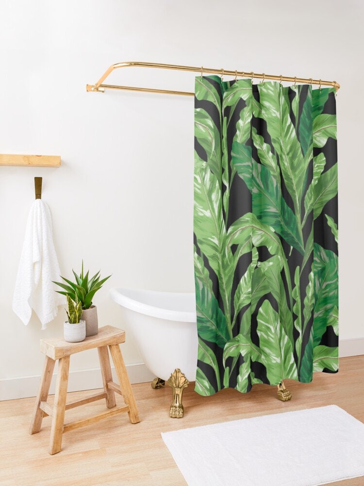 Black Tropical Leaves Botanical Shower Curtain - Greenery Bathroom Decor