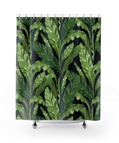 Black Tropical Leaves Botanical Shower Curtain - Greenery Bathroom Decor