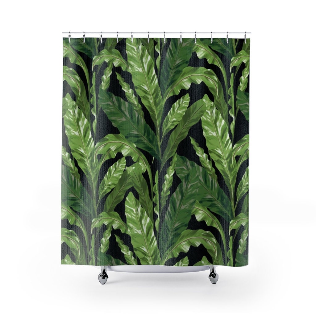 Black Tropical Leaves Botanical Shower Curtain - Greenery Bathroom Decor