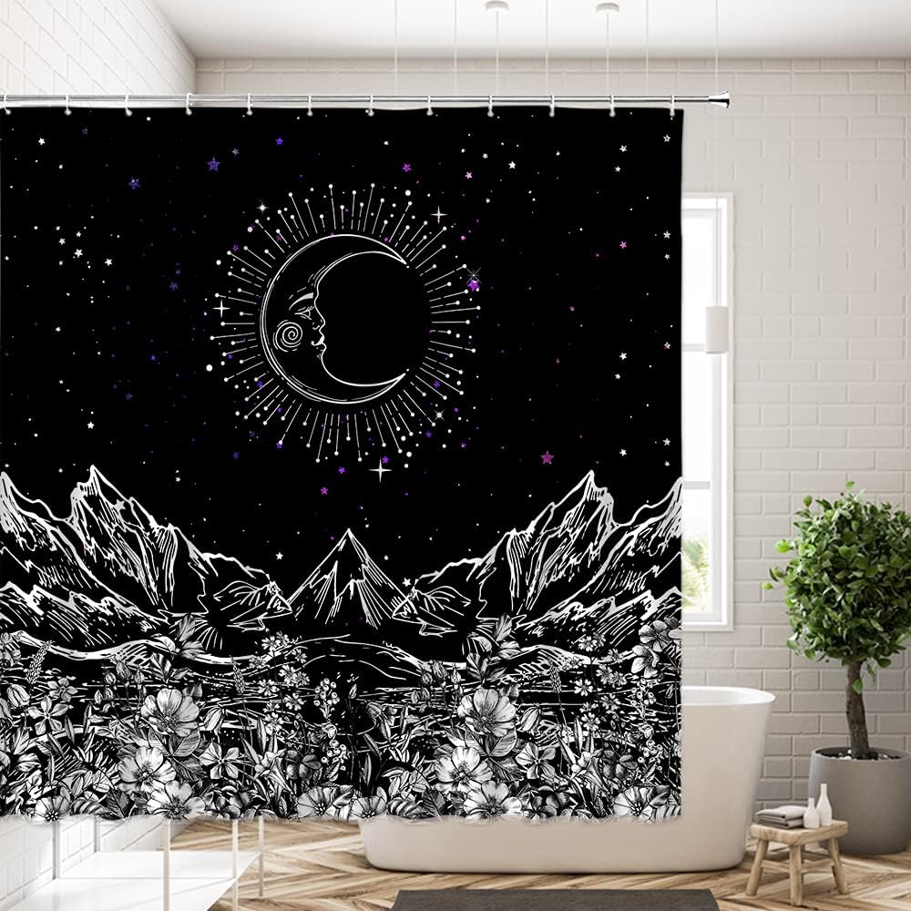 Black White Abstract Mountain Shower Curtain for Gothic Bathroom Decor