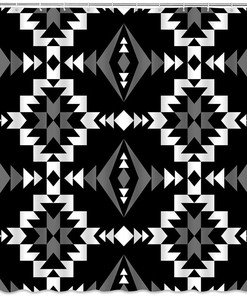 Black White Aztec Geometric Tribal Retro Shower Curtain, Southwest Native American Navajo Ethnic Bath Decor
