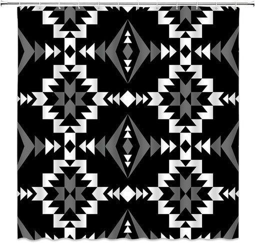 Black White Aztec Geometric Tribal Retro Shower Curtain, Southwest Native American Navajo Ethnic Bath Decor