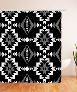 Black White Aztec Geometric Tribal Retro Shower Curtain, Southwest Native American Navajo Ethnic Bath Decor