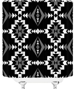 Black White Aztec Geometric Tribal Retro Shower Curtain, Southwest Native American Navajo Ethnic Bath Decor