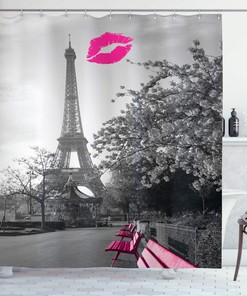 Black White Hot Pink Paris Shower Curtain, Romantic Monochrome Photo of Eiffel Tower Benches and Kiss Mark, Bathroom Decor