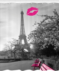 Black White Hot Pink Paris Shower Curtain, Romantic Monochrome Photo of Eiffel Tower Benches and Kiss Mark, Bathroom Decor