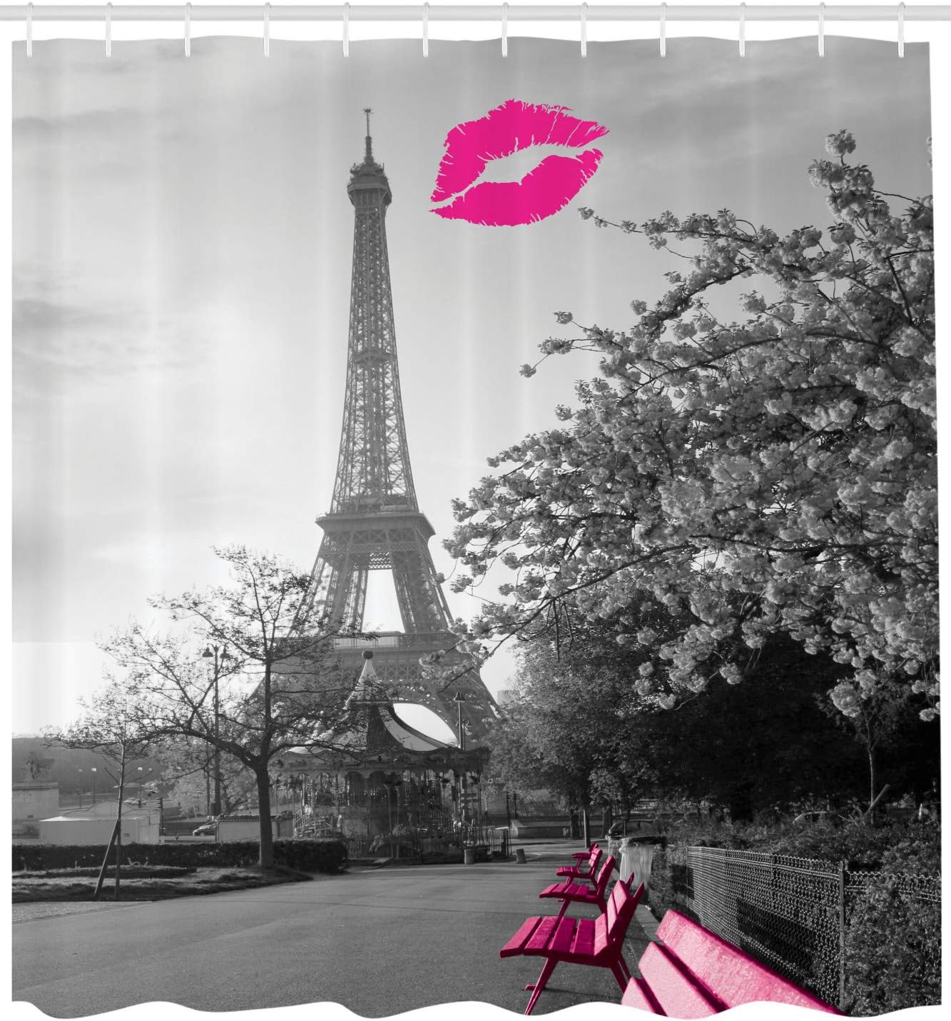 Black White Hot Pink Paris Shower Curtain, Romantic Monochrome Photo of Eiffel Tower Benches and Kiss Mark, Bathroom Decor