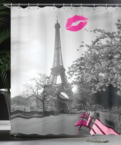 Black White Hot Pink Paris Shower Curtain, Romantic Monochrome Photo of Eiffel Tower Benches and Kiss Mark, Bathroom Decor