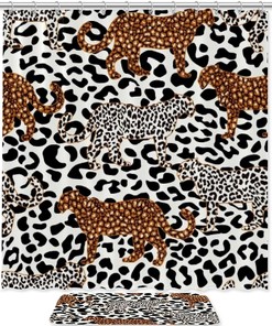 Black White and Brown Leopard Printing Waterproof Fabric Bathroom Shower Curtain