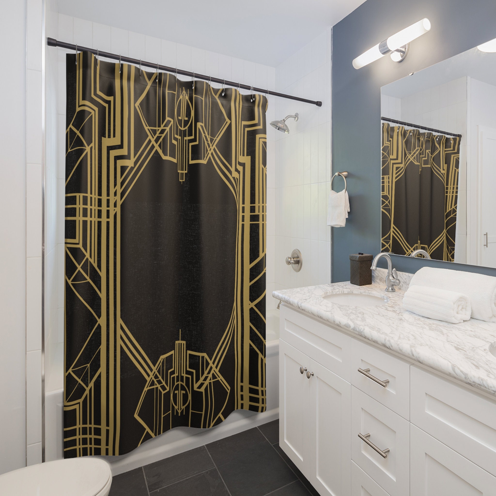 Black and Gold Art Deco Style Shower Curtain - Geometrical Bathroom ...