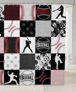 Black and Gray Patchwork Baseball Shower Curtain for Kids Bathroom Decor 