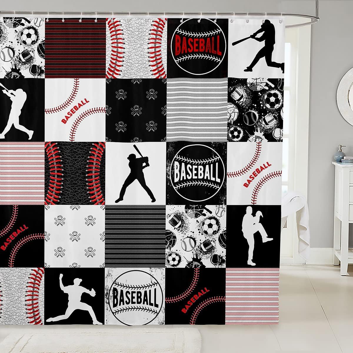Black and Gray Patchwork Baseball Shower Curtain for Kids Bathroom Decor