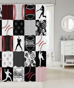 Black and Gray Patchwork Baseball Shower Curtain for Kids Bathroom Decor