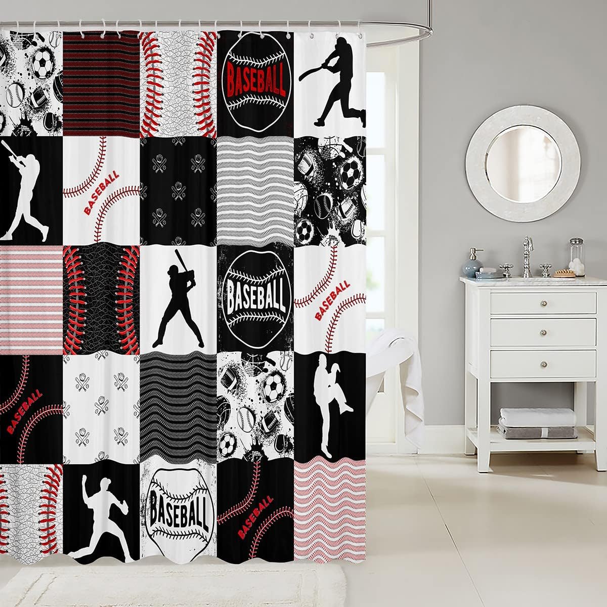 Black and Gray Patchwork Baseball Shower Curtain for Kids Bathroom Decor