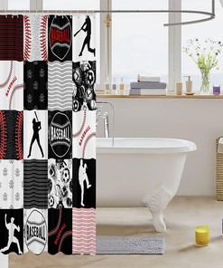 Black and Gray Patchwork Baseball Shower Curtain for Kids Bathroom Decor