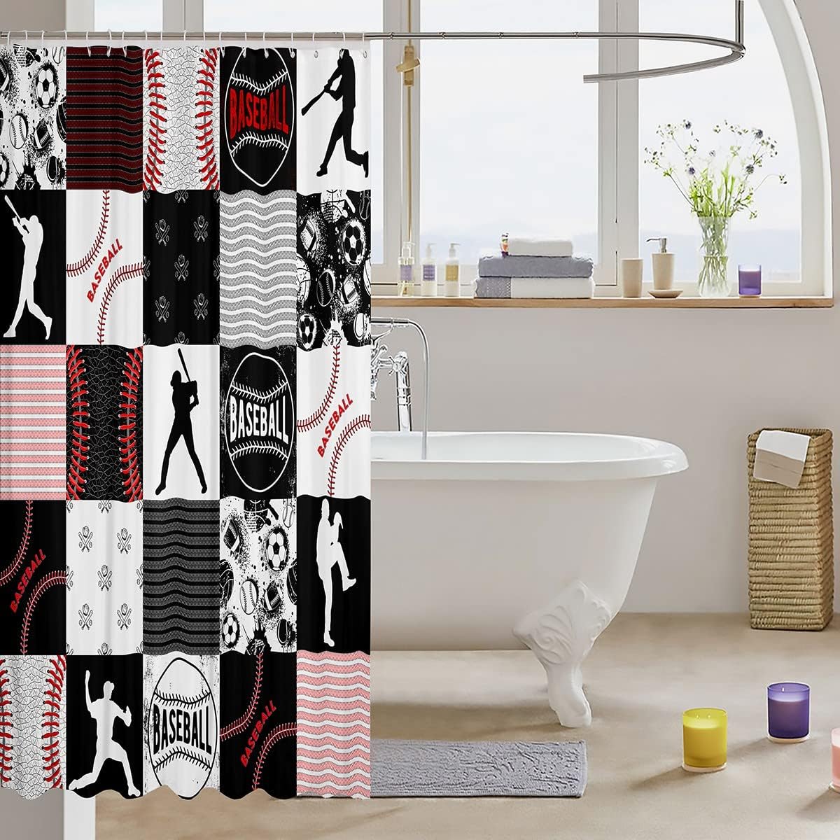 Black and Gray Patchwork Baseball Shower Curtain for Kids Bathroom Decor
