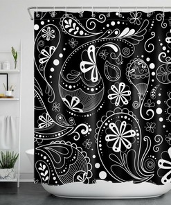 Black and White Abstract Paisley Shower Curtain - Boho Bathroom Accessory