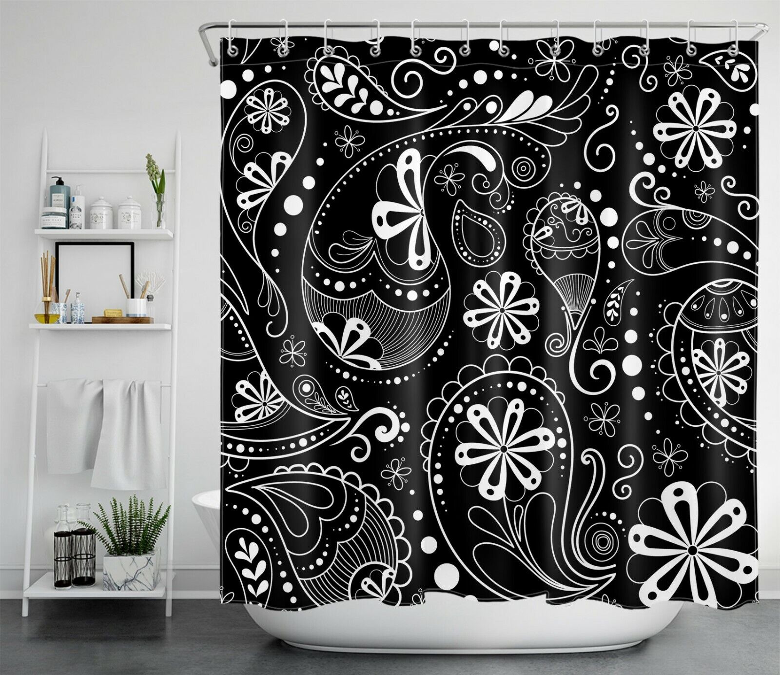 Black and White Abstract Paisley Shower Curtain Boho Bathroom Accessory Bluefink