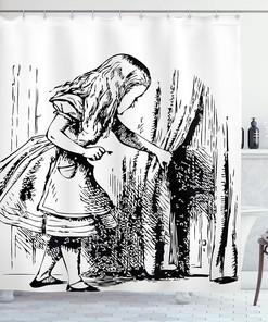 Black and White Alice Hidden Door Adventure Shower Curtain, Classic Bathroom Decor 