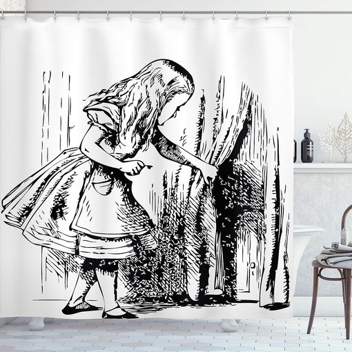 Black and White Alice Hidden Door Adventure Shower Curtain, Classic Bathroom Decor