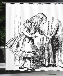Black and White Alice Hidden Door Adventure Shower Curtain, Classic Bathroom Decor 