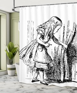 Black and White Alice Hidden Door Adventure Shower Curtain, Classic Bathroom Decor 
