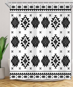 Black and White Aztec Native American Fabric Shower Curtain, Southwestern Bathroom Decor