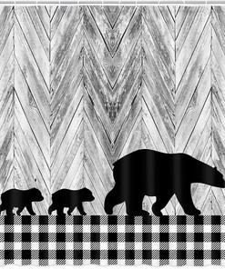 Black and White Buffalo Check Plaid Black Bear Animal Print Shower Curtain for Cabin Bathroom