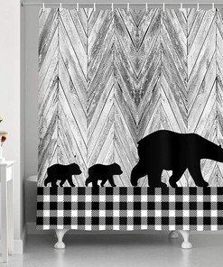 Black and White Buffalo Check Plaid Black Bear Animal Print Shower Curtain for Cabin Bathroom