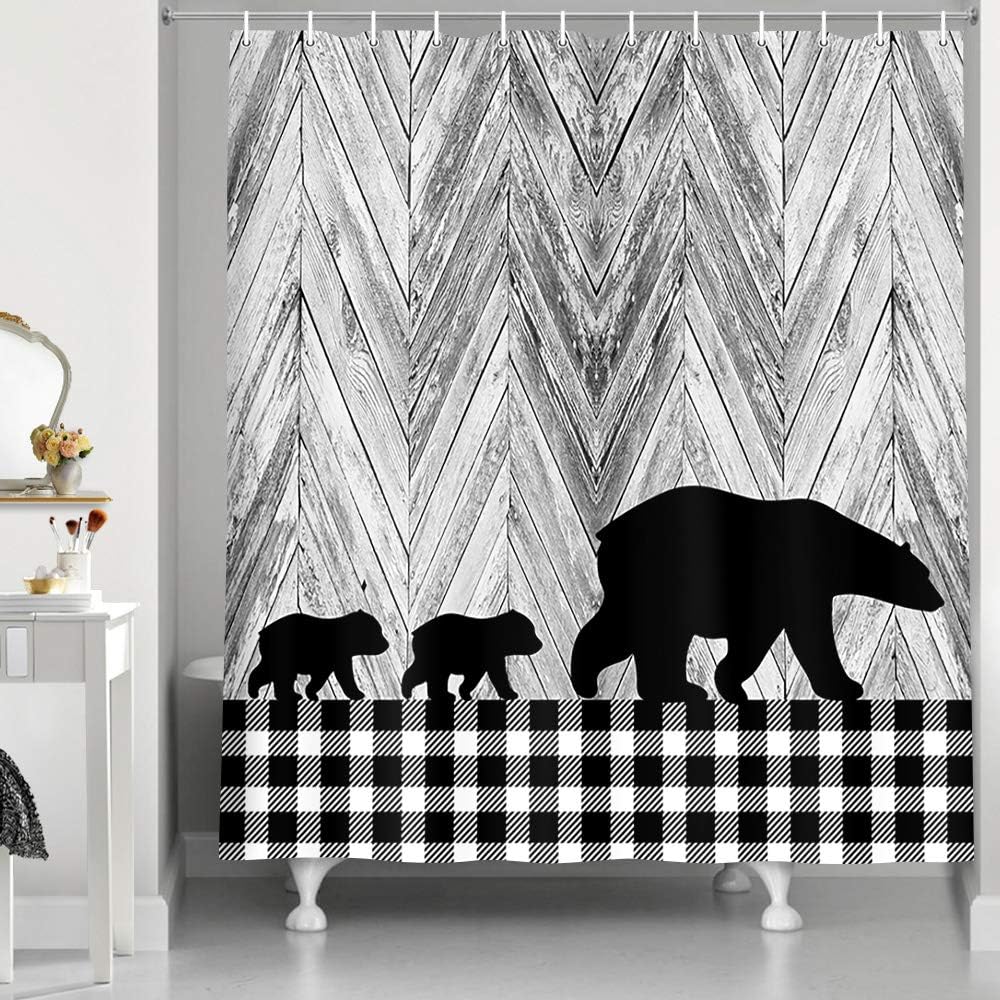 Black and White Buffalo Check Plaid Black Bear Animal Print Shower Curtain for Cabin Bathroom