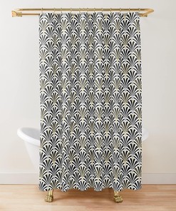 Black and White Fan Pattern Shower Curtain - Art Deco Geometric Classic Design Bathroom Decor