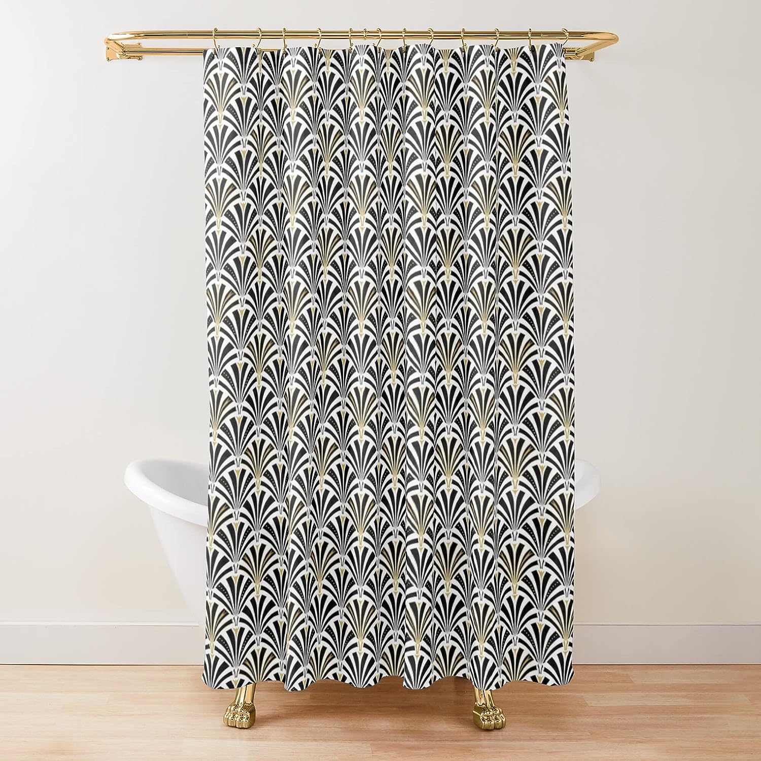 Black and White Fan Pattern Shower Curtain - Art Deco Geometric Classic Design Bathroom Decor