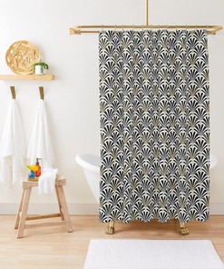 Black and White Fan Pattern Shower Curtain - Art Deco Geometric Classic Design Bathroom Decor