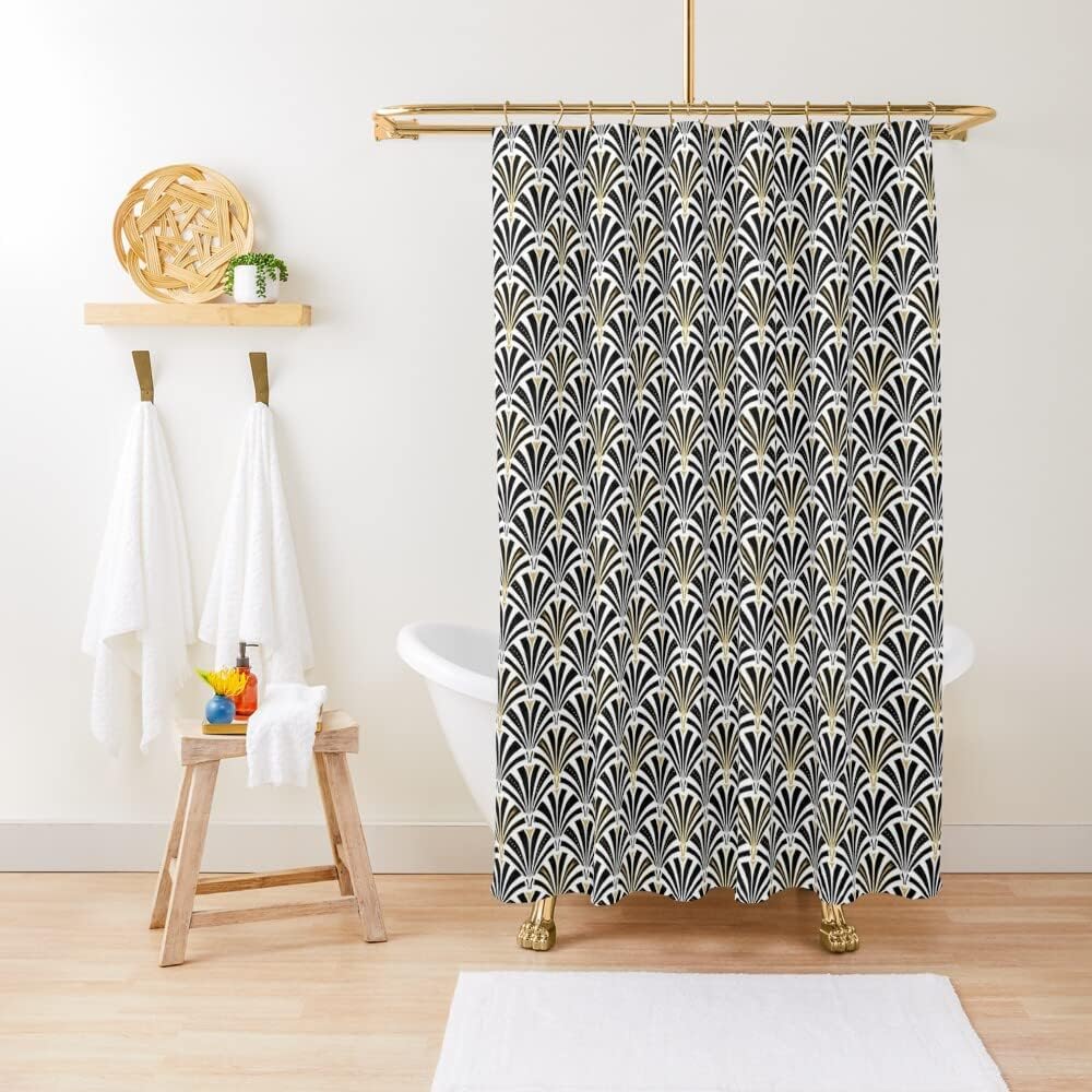 Black and White Fan Pattern Shower Curtain - Art Deco Geometric Classic Design Bathroom Decor