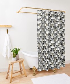 Black and White Fan Pattern Shower Curtain - Art Deco Geometric Classic Design Bathroom Decor