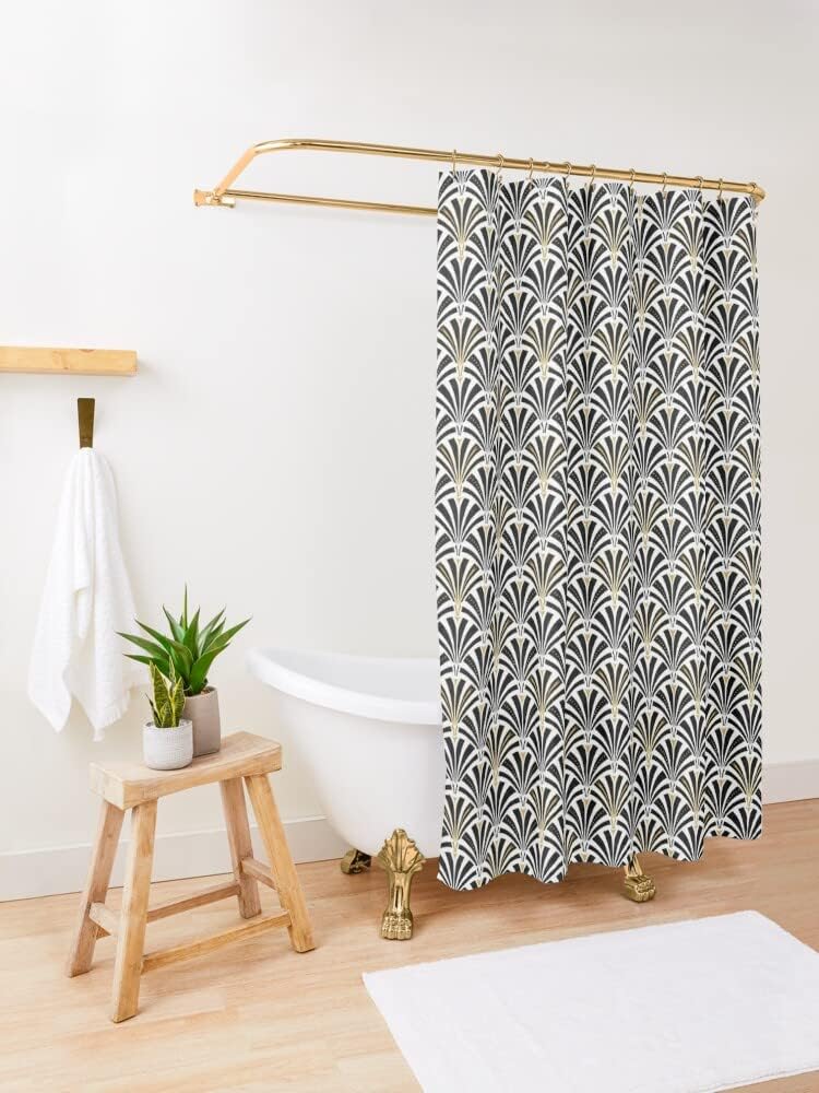 Black and White Fan Pattern Shower Curtain - Art Deco Geometric Classic Design Bathroom Decor
