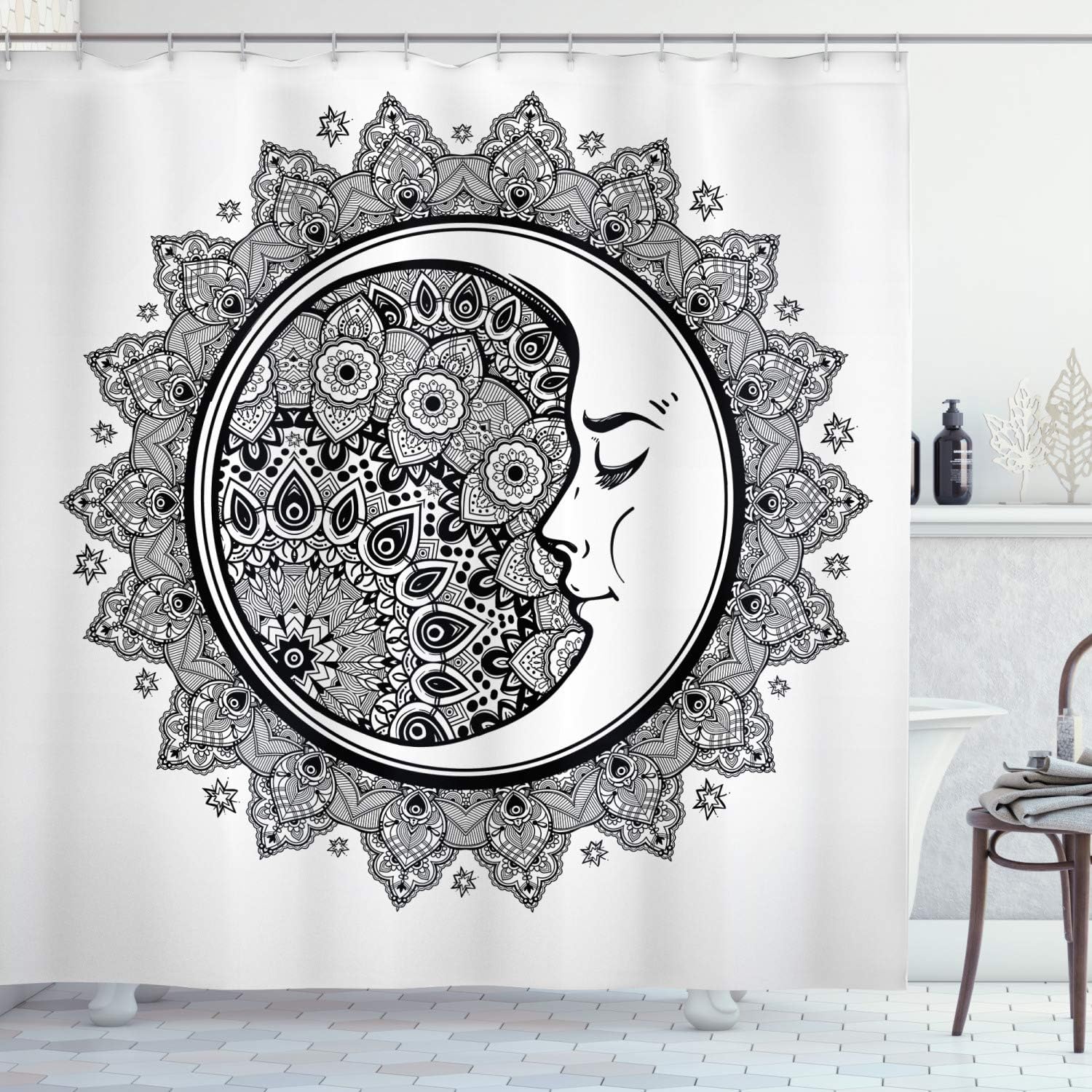 Black and White Mandala Zodiac Shower Curtain for a Folkloric Bathroom Decor