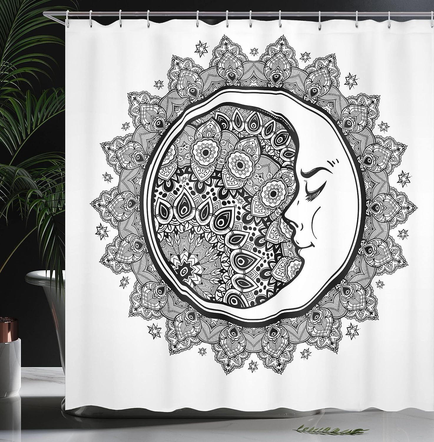 Black and White Mandala Zodiac Shower Curtain for a Folkloric Bathroom Decor