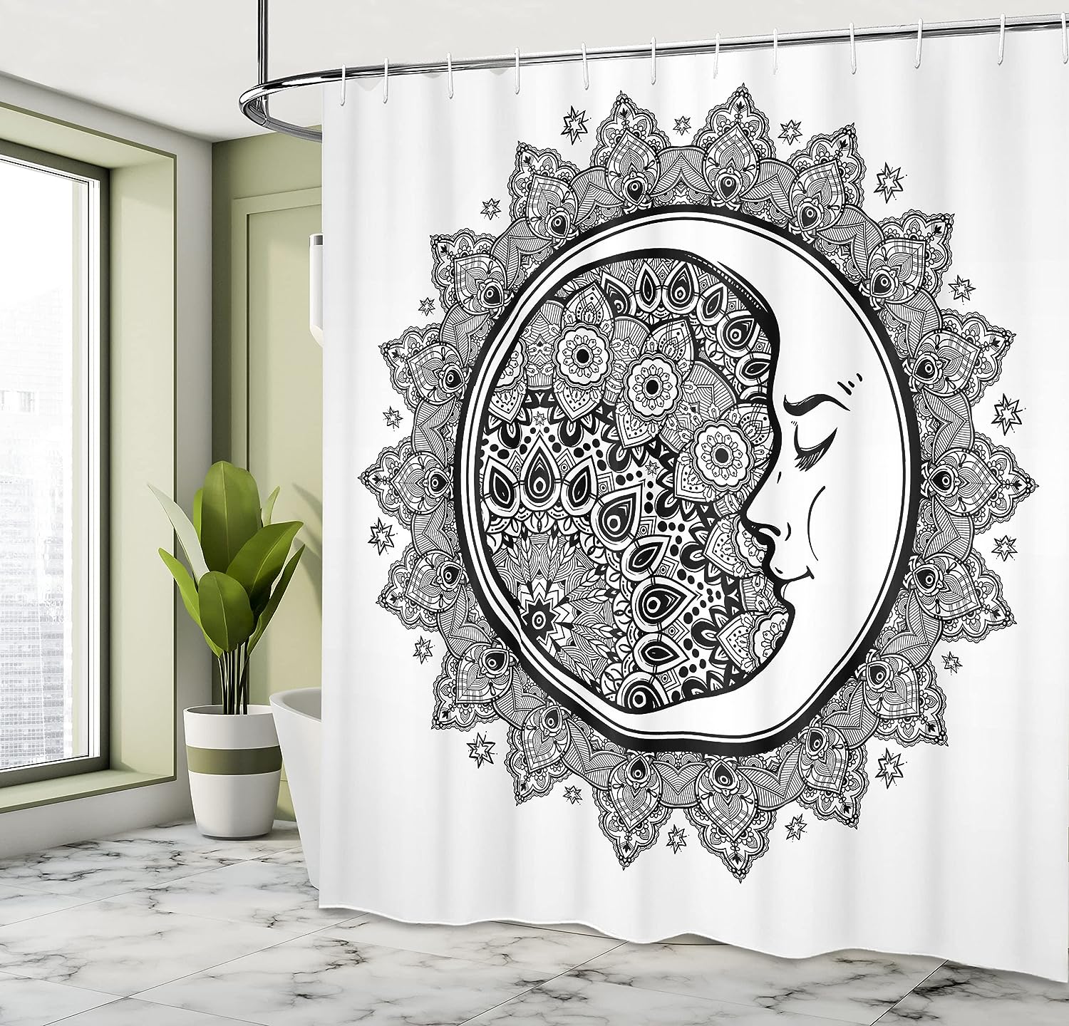 Black and White Mandala Zodiac Shower Curtain for a Folkloric Bathroom Decor