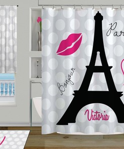 Black and White Polka Dot Paris Eiffel Tower Shower Curtain - Waterproof Fabric 