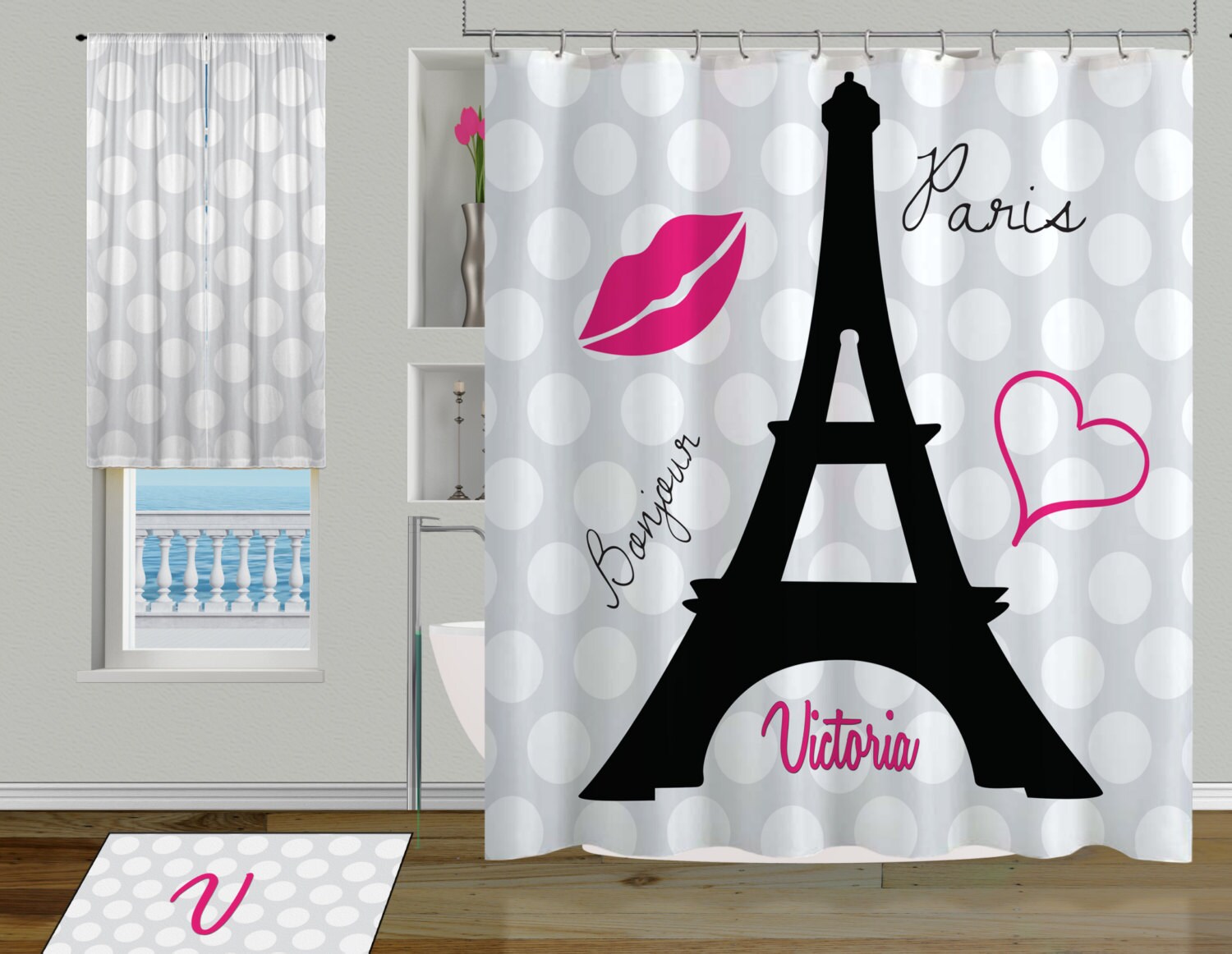 Black and White Polka Dot Paris Eiffel Tower Shower Curtain
