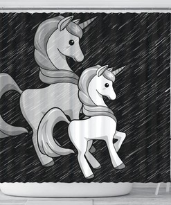 Black and White Unicorn Print Shower Curtain for Fantasy Bathroom Decor