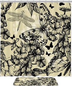 Blooming Phlox Butterflies Dragonflies Bathroom Shower Curtain - Waterproof Fabric