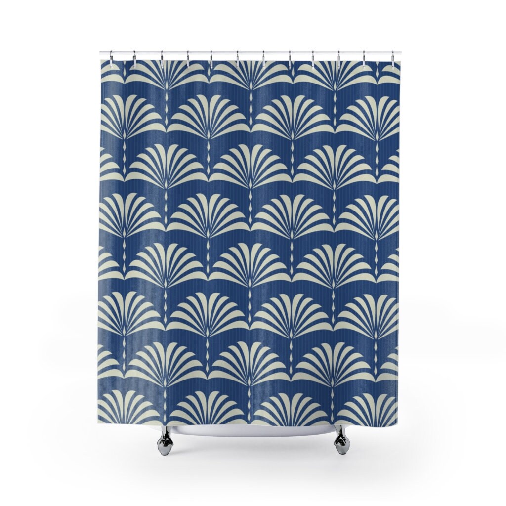 Blue Abstract Fan Pattern Shower Curtain - Art Deco Vintage Bathroom Accessory and Modern Decor