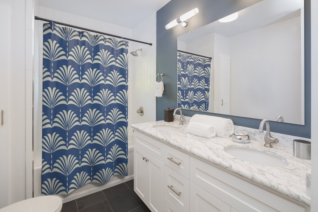 Blue Abstract Fan Pattern Shower Curtain - Art Deco Vintage Bathroom Accessory and Modern Decor
