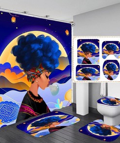 Blue African American Shower Curtain - Black Girl with Accessories for Bathroom Decor