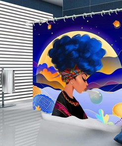 Blue African American Shower Curtain - Black Girl with Accessories for Bathroom Decor
