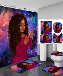 Blue African American Shower Curtain Set with Matching Bathroom Accessories